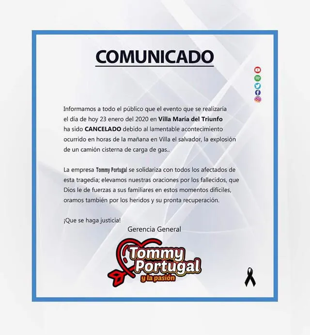 Tommy Portugal cancela concierto por tragedia en Villa El Salvador