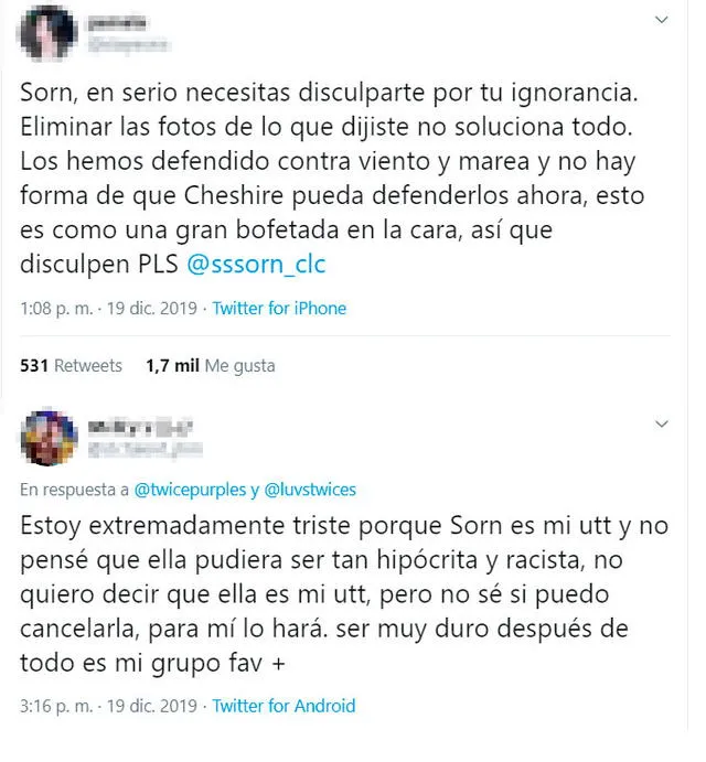 Miembros de ‘Cheshire’, el fandom oficial de CLC, le piden a Clever Sorn (un apelativo cariñoso) que se disculpe para que la controversia no afecte al grupo K-pop. Captura Twitter.