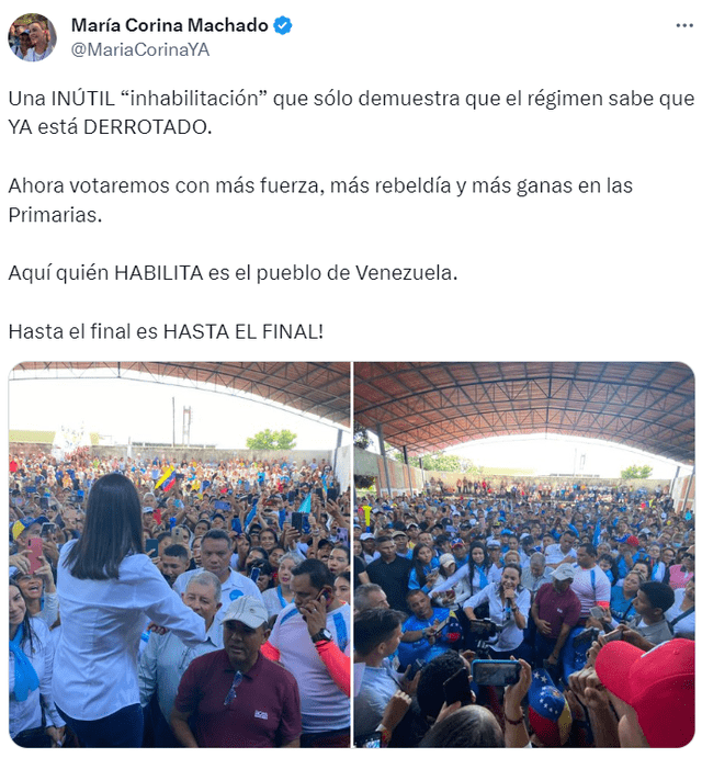 la líder opositora se muestra desafiante ante la decisión de la Contraloría y asegura que seguirá participando en campañas políticas a favor de la Primaria 2023. Foto: María Corina Machado/Twitter