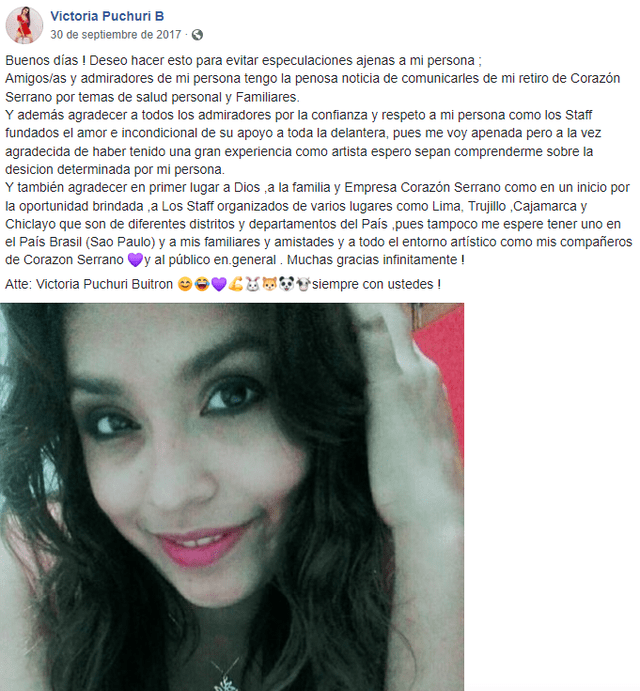 Victoria Puchuri confirmó su alejamiento de Corazón Serrano en redes sociales. Foto: Victoria Puchuri/Facebook    