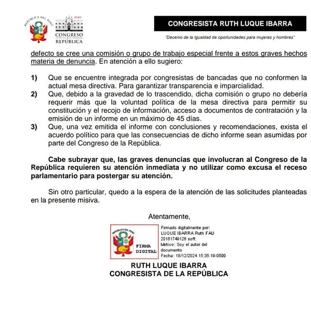 Oficio de Ruth Luque enviado a la Mesa Directiva. Foto: Ruth Luque/X   