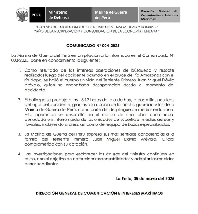 Comunicado oficial de la Marina de Guerra del Perú. Foto: difusión   