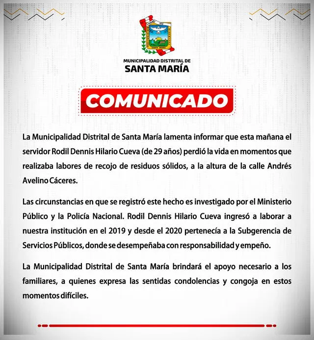 Comunicado de la Municipalidad Distrital de Santa María.