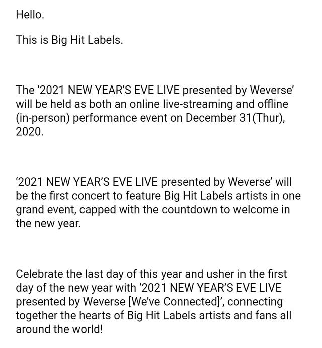 Comunicado oficial de 2021 New year’s eve live. Foto: Big Hit