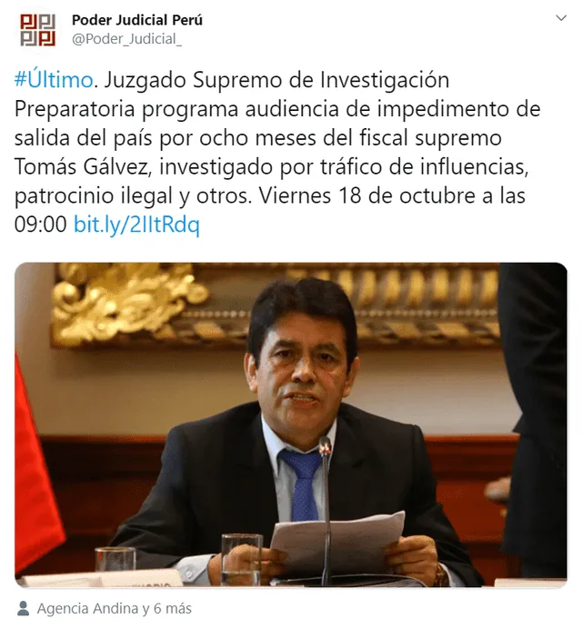 Poder Judicial evaluará impedimento de salida del país contra el fiscal supremo Tomás Gálvez.