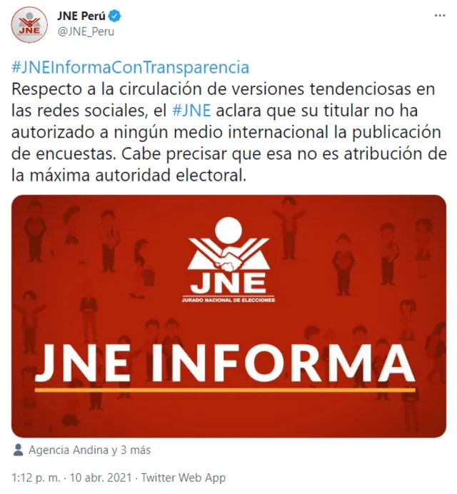Tweet del Jurando Nacional de Elecciones.