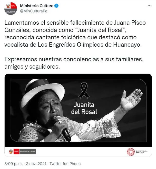Ministerio de cultura se pronuncia sobre Juanita del Rosal. Foto: captura de Twitter