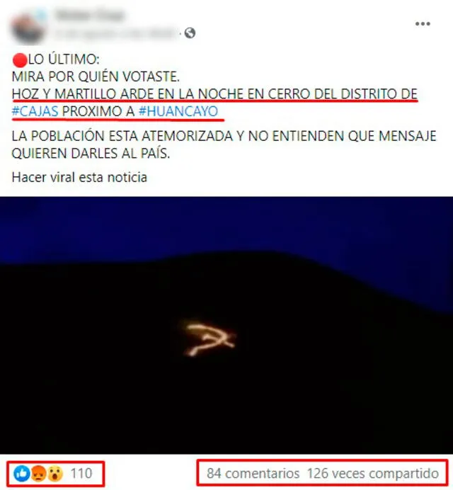 Imagen viralizada  en Facebook en el que deslizan que simpatizantes de Pedro Castillo prendieron una fogata en Huancayo con el símbolo de la hoz y el martillo FOTO: Captura de Facebook.
