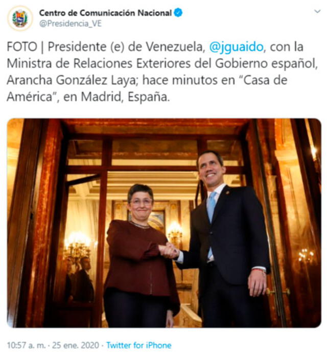 Juan Guaidó fue recibido previamente por la canciller española. Foto: captura
