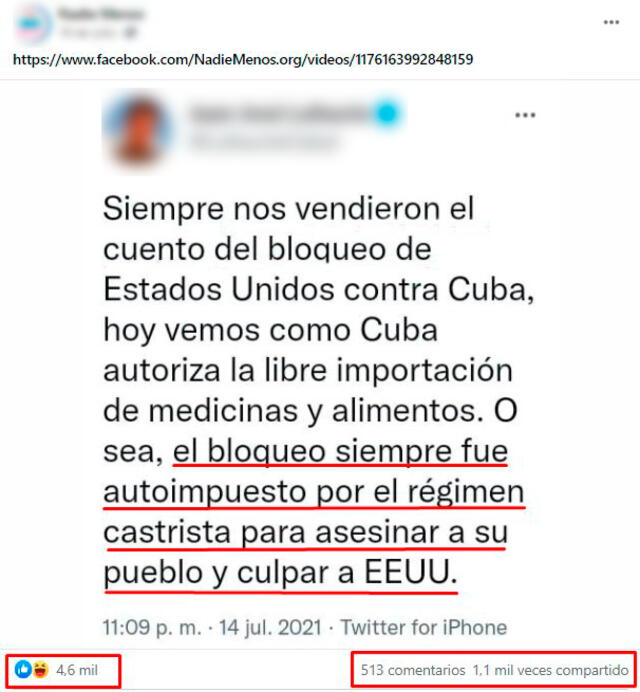 Tuit viralizado en Facebook en el que se afirma que el “bloqueo económico” de Estados Unidos contra Cuba es una farsa. FOTO: Captura de Facebook.