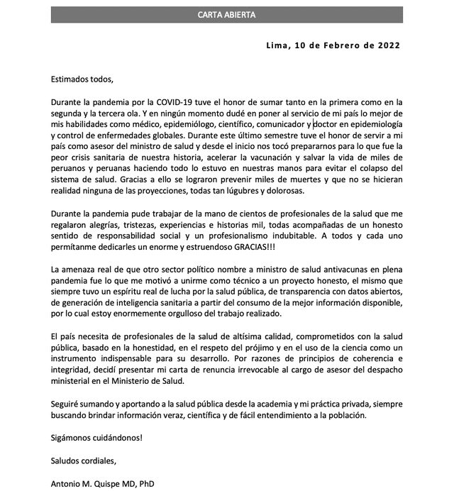 Renuncia de Antonio Quispe al Ministerio de Salud. Foto: @drantonioquispe / Twitter