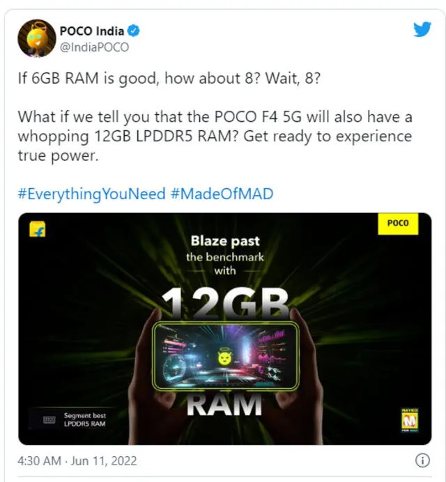 POCO F4 5G tendrá 12 GB de RAM