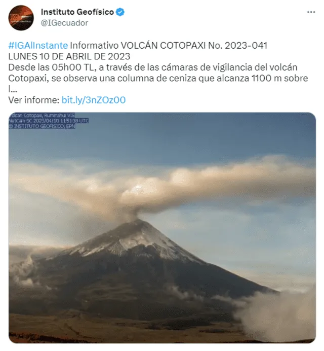  Volcán Cotopaxi HOY: último reporte de actividad de hoy, 10 de abril. Foto: IGecuador/ Twitter   