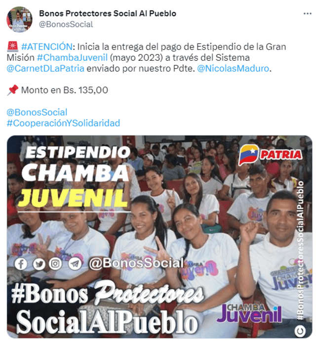 Inició el pago de Chambo Juvenil mayo 2023 en Venezuela. Foto: Twitter/BonosSocial   