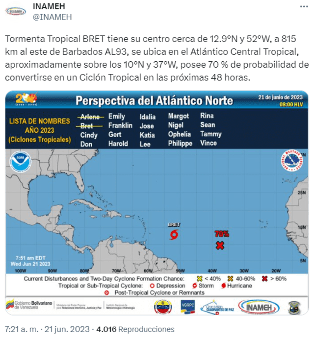 La tormenta Bret se convertirá en ciclón en las próximas 48 horas. Foto: Inameh/ Twitter    