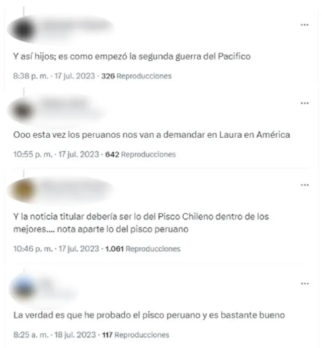 Algunos comentarios de los chilenos tras el 'triunfo' del pisco chileno sobre el de Perú en Taste Atlas. Foto: Twitter   