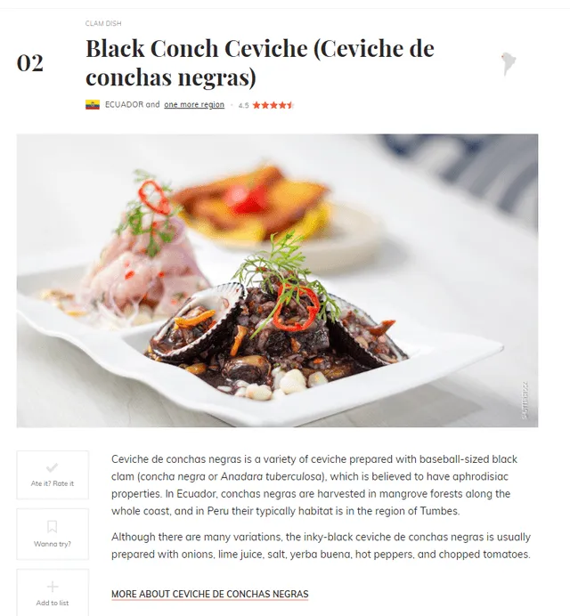  Así figura el ceviche de conchas negras en la lista de Taste Atlas. Foto: portal culinario   
