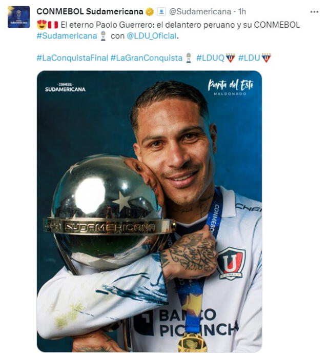 Publicación del torneo sobre Paolo Guerrero. Foto: captura de Conmebol Sudamericana/X   