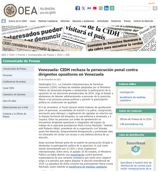  Comunicado de la Comisión Interamericana de Derechos Humanos (CIDH). Foto: OEA/captura   