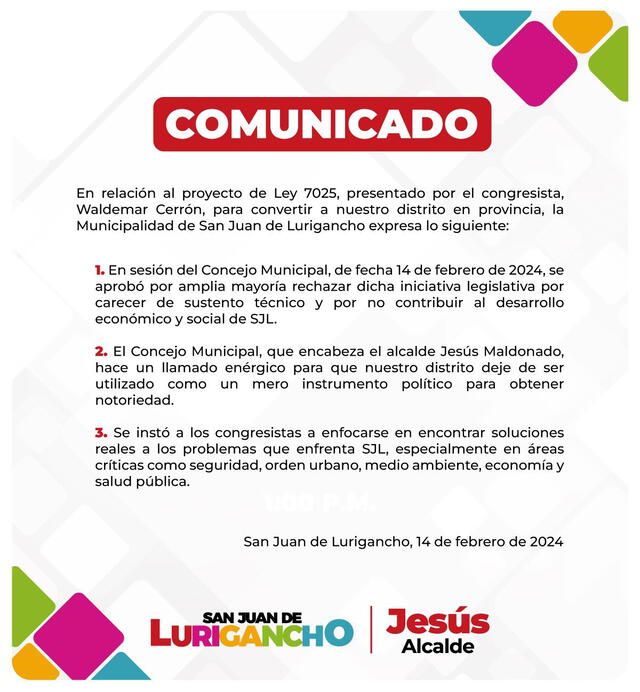 Gestión del alcalde Jesús Maldonado rechaza la propuesta de Waldemar Cerrón. Foto: Facebook/Municipalidad de San Juan de Lurigancho   