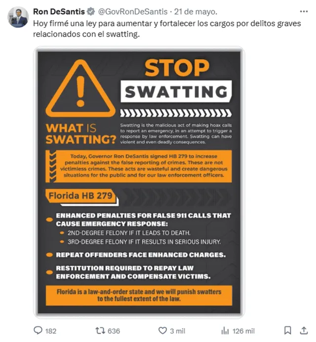  Ron DeSantis firma ley para aumentar cargos por delitos relacionados con el swatting. | X | @GovRonDeSantis   