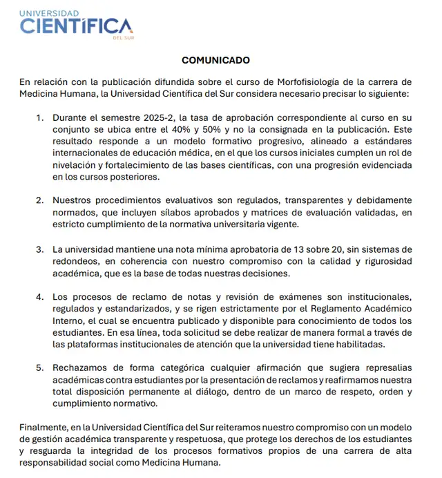 Nuevo pronunciamiento de UCSUR tras la denuncia realizada en este medio. Foto: UCSUR.   