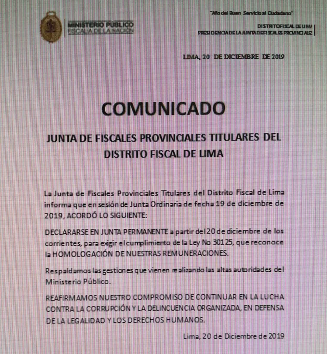 Comunicado de la Junta de Fiscales Provinciales Titulares de Lima.