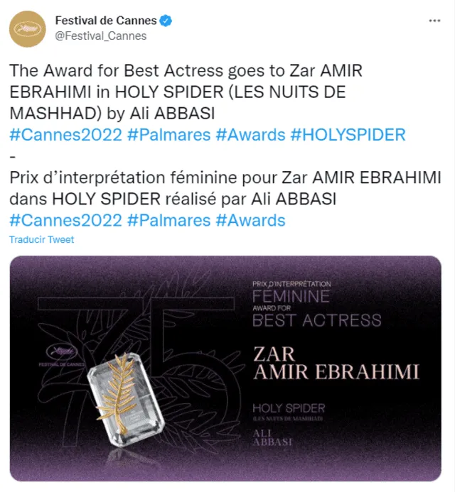 Festival de Cannes 2022 Zar Amir Ebrahimi mejor actriz