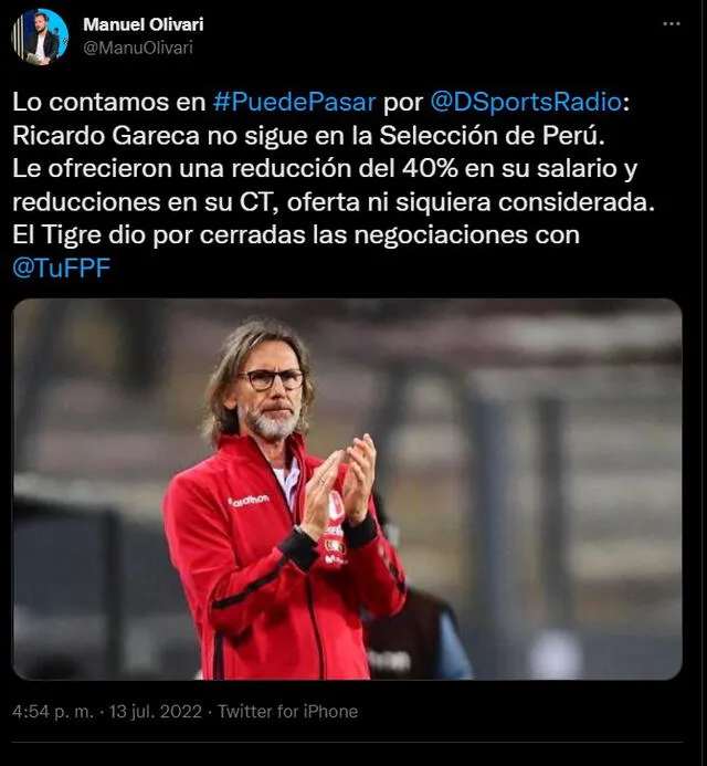 Peligra la continuación de Ricardo Gareca al mando de la selección peruana. Foto: captura/Twitter