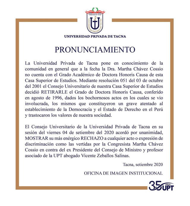 Pronunciamiento de la UPT sobre Martha Chávez. Foto: Universidad Privada de Tacna.