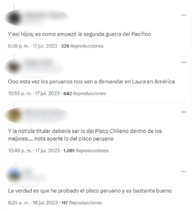  Algunos comentarios de los chilenos tras el 'triunfo' del pisco chileno sobre el de Perú en Taste Atlas. Foto: Twitter   