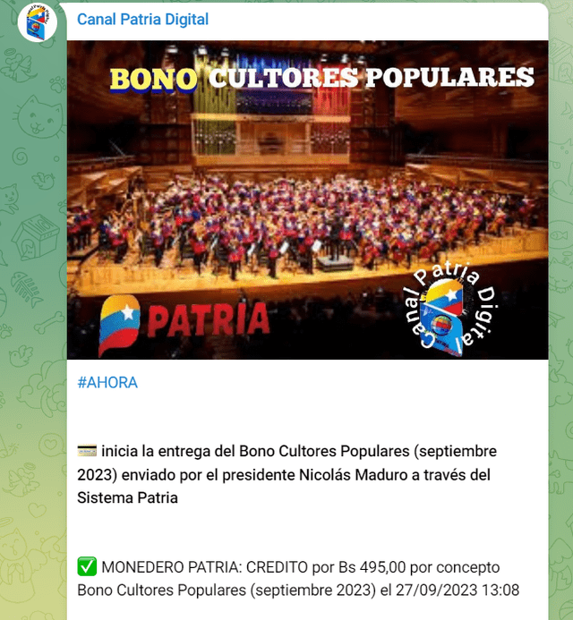 El pago del Bono Cultores Populares es mensual. Foto: Canal Patria Digital/Telegram