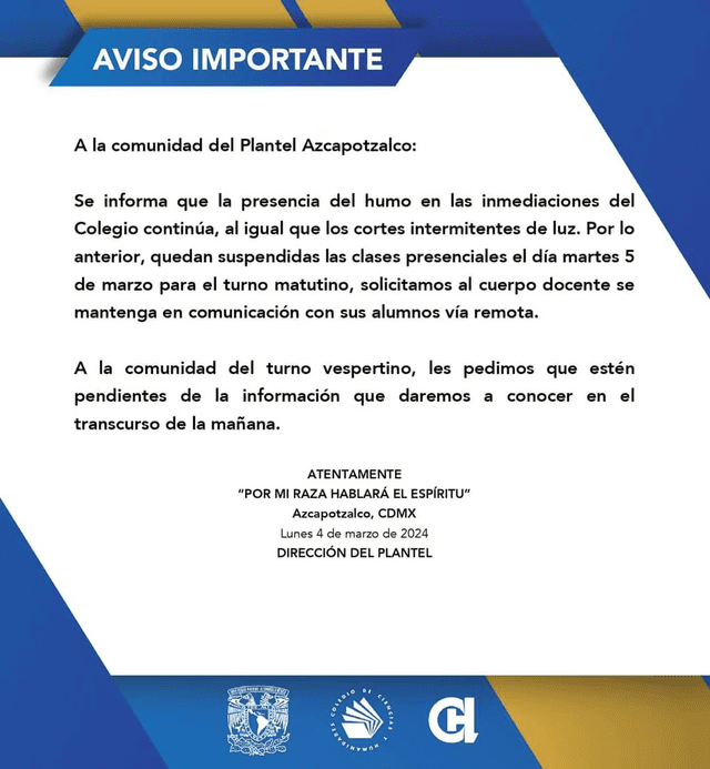 Este fue el comunicado que emitió el Colegio de Ciencias y Humanidades Azcapotzalco en sus cuentas principales. Foto: CCH   