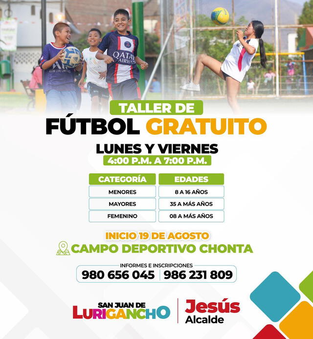 Póster oficial de las clases gratuitas de fútbol. Foto: Facebook/Municipalidad de San Juan de Lurigancho   