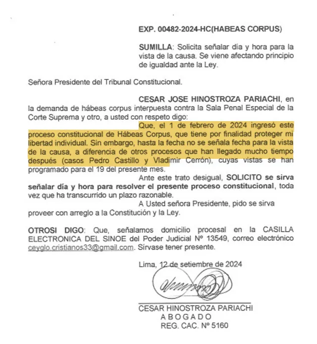 Hinostroza reclama al TC por no priorizar su expediente.   