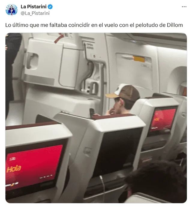 En su publicación, "La Pistarini" compartió una foto de Dillom en el avión con un insulto. Foto: captura @La_Pistarini   