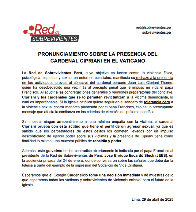 Comunicado de la Red de Sobrevivientes sobre la presencia de Cipriani en el Vaticano. Comunicado de la Red de Sobrevivientes sobre la presencia de Cipriani en el Vaticano.