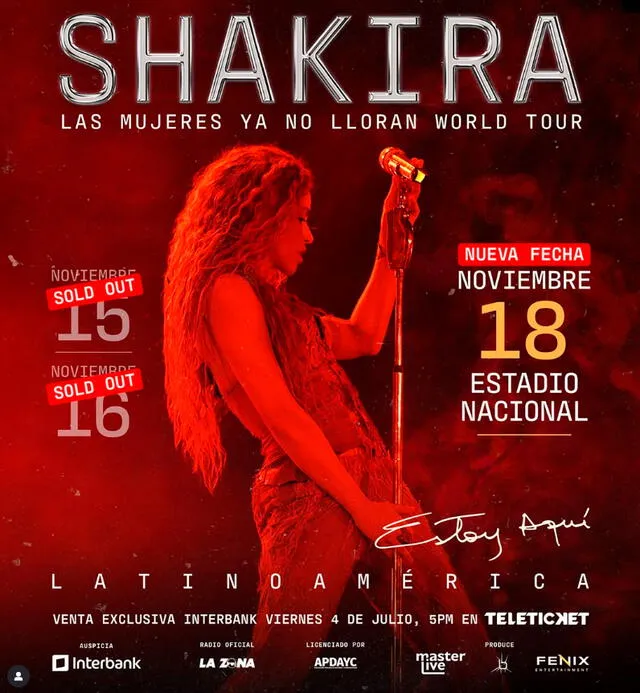 Shakira se presentará el 18 de noviembre en el Estadio Nacional. Shakira se presentará el 18 de noviembre en el Estadio Nacional.
