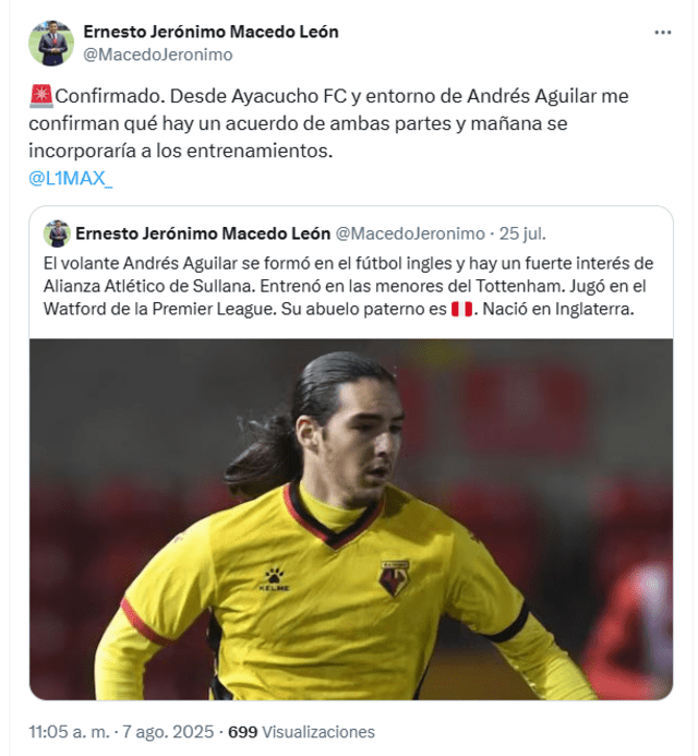 La noticia fue confirmada por el periodista Ernesto Macedo. Foto: vía X   