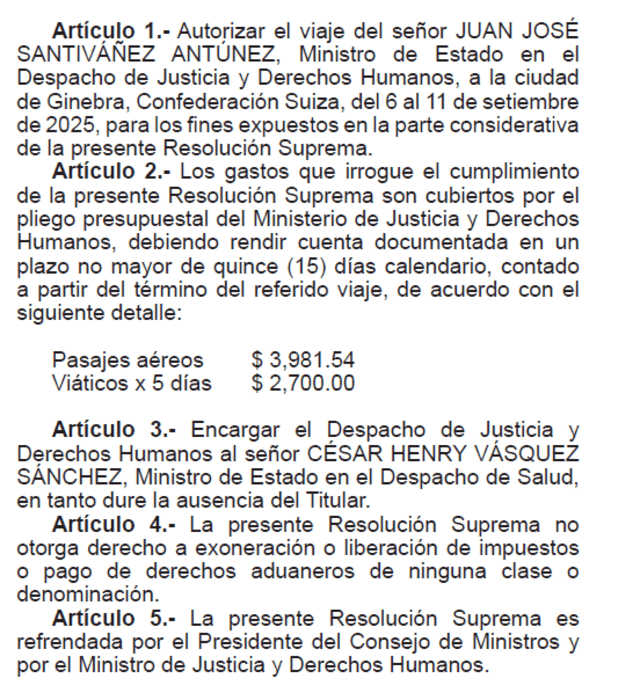 Resolución Suprema que autoriza el viaje de Juan Santiváñez Resolución Suprema que autoriza el viaje de Juan Santiváñez