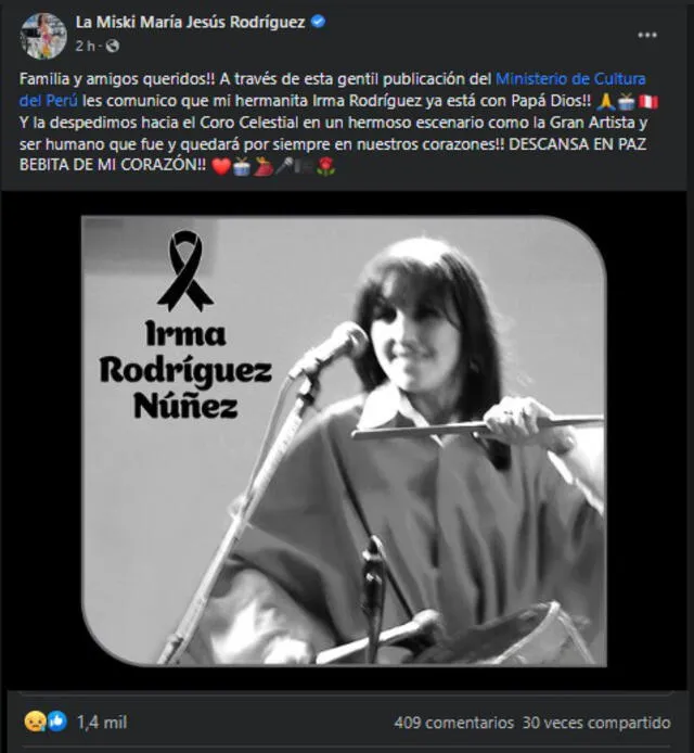 12.5.2022 | Publicación de María Jesús Rodríguez "La Misky sobre la muerte de Irma Rodríguez Núñez. Foto: captura Facebook