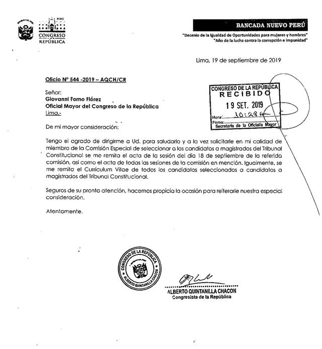 Alberto Quintanilla envía oficio a Oficialía Mayor del Congreso sobre Tribunal Constitucional.