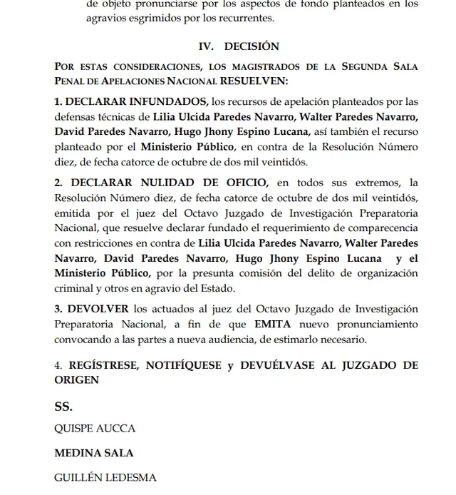 Sala de Apelaciones declaró la nulidad de la comparecencia con restricciones dictada contra Lilia Paredes.