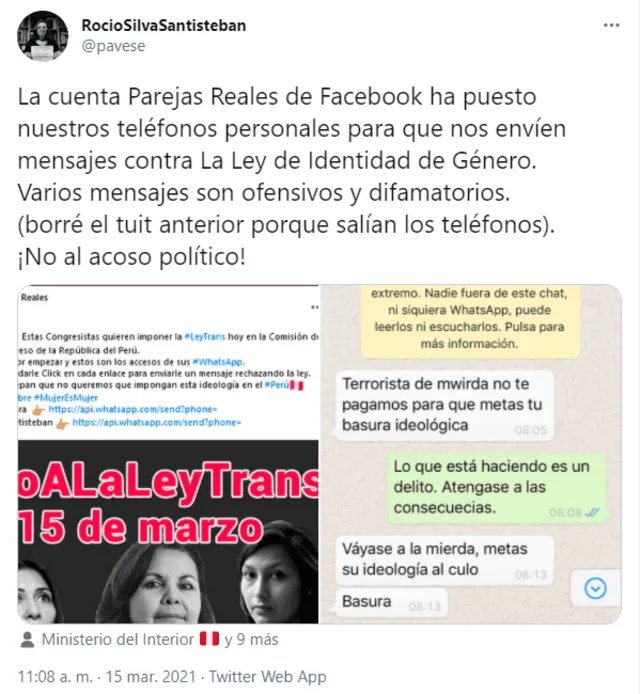 La parlamentaria del Frente Amplio denunció el acoso político mediante sus redes sociales. Foto: captura Twitter Rocío Silva Santisteban
