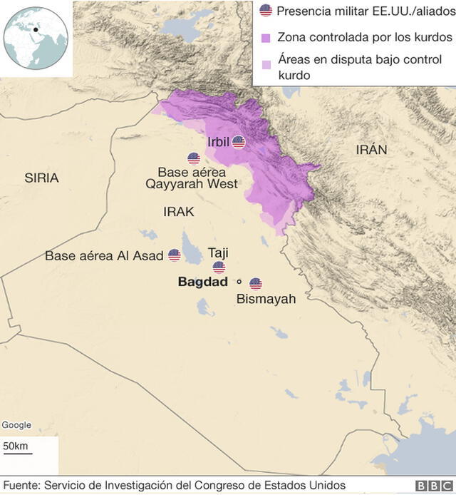 Mapa de bases de EE.UU. atacadas en Irak. Foto: BBC