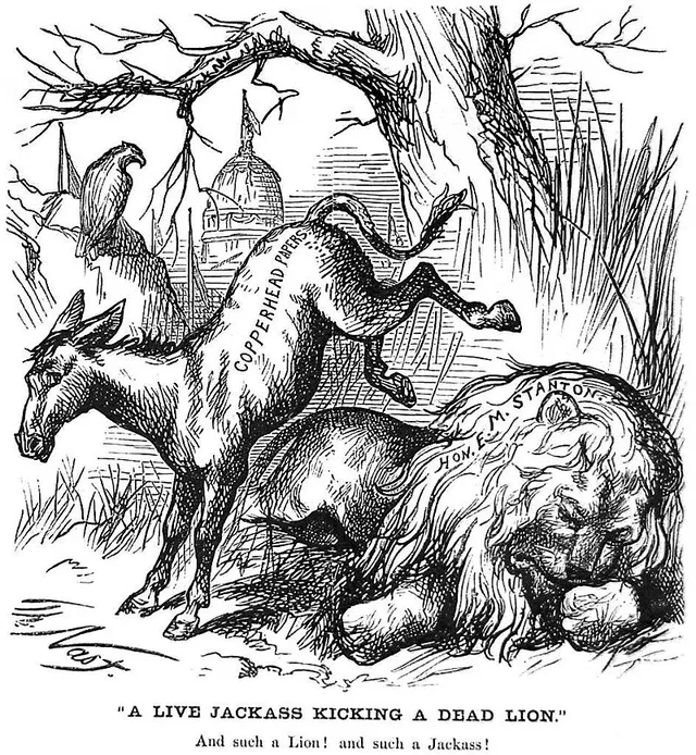 Los medios afines al Partido Demócrata, representados como un burro en una viñeta de Thomas Nast. Foto: Biblioteca y Museo de la caricatura Billy Ireland