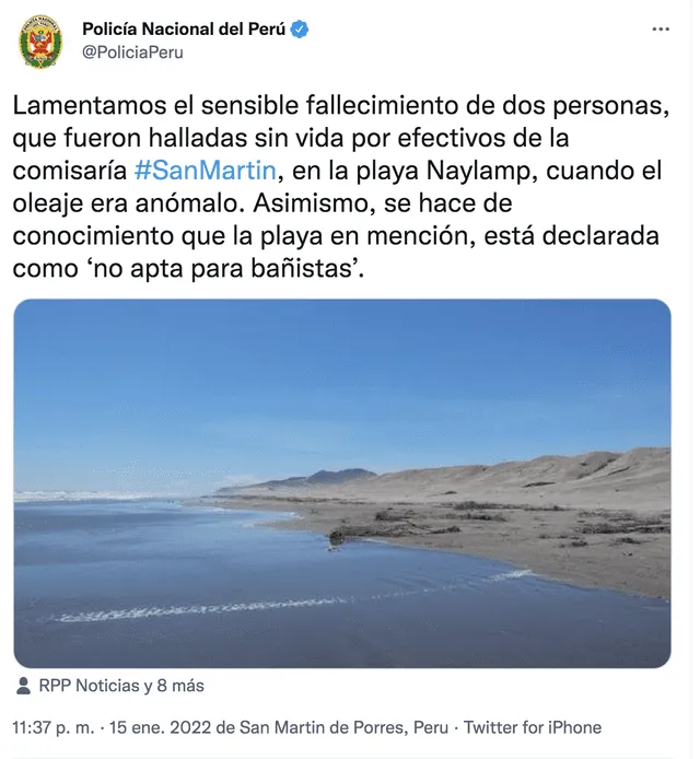 La Policía Nacional del Perú (PNP) se pronunció sobre las víctimas del oleaje anómalo. Foto: PNP/Twitter