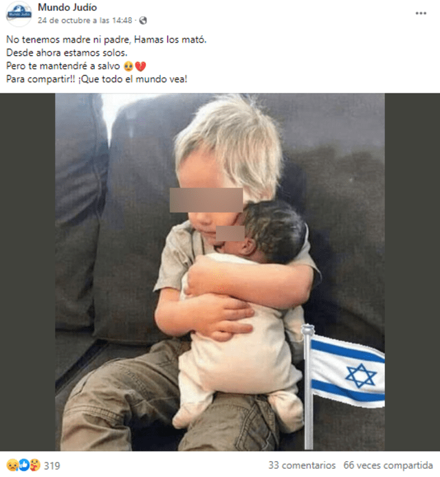  Desinformación sobre los menores en la coyuntura de la guerra entre Israel y Hamás. Foto: captura en Facebook.&nbsp;   