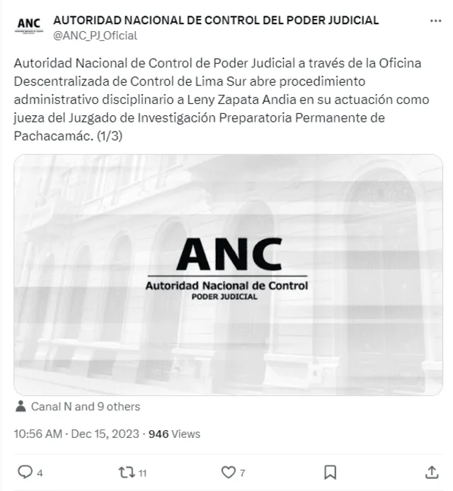  Autoridad Nacional de Control del Poder Judicial abrió proceso disciplinario contra Leny Zapata. Foto: X   