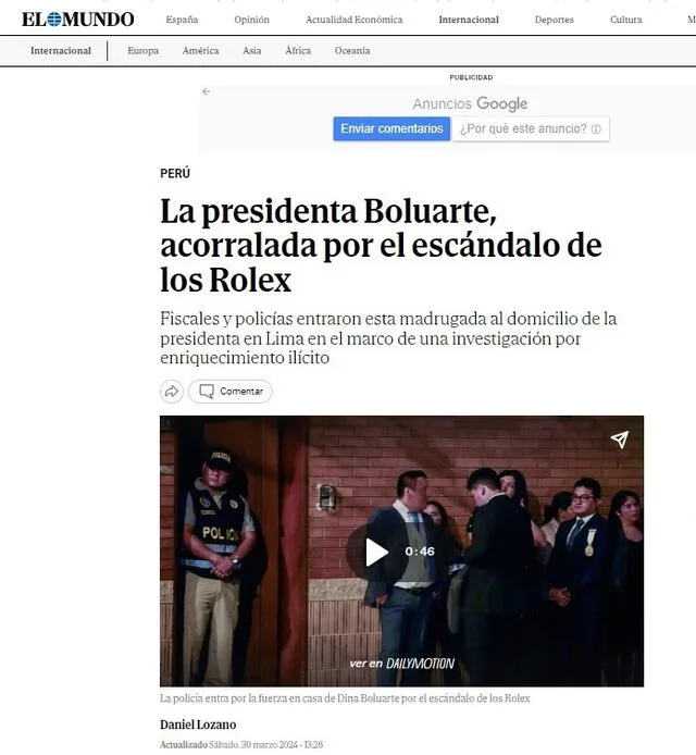 Medio español informó la situación de Boluarte en Perú. Foto: EL MUNDO/Captura   